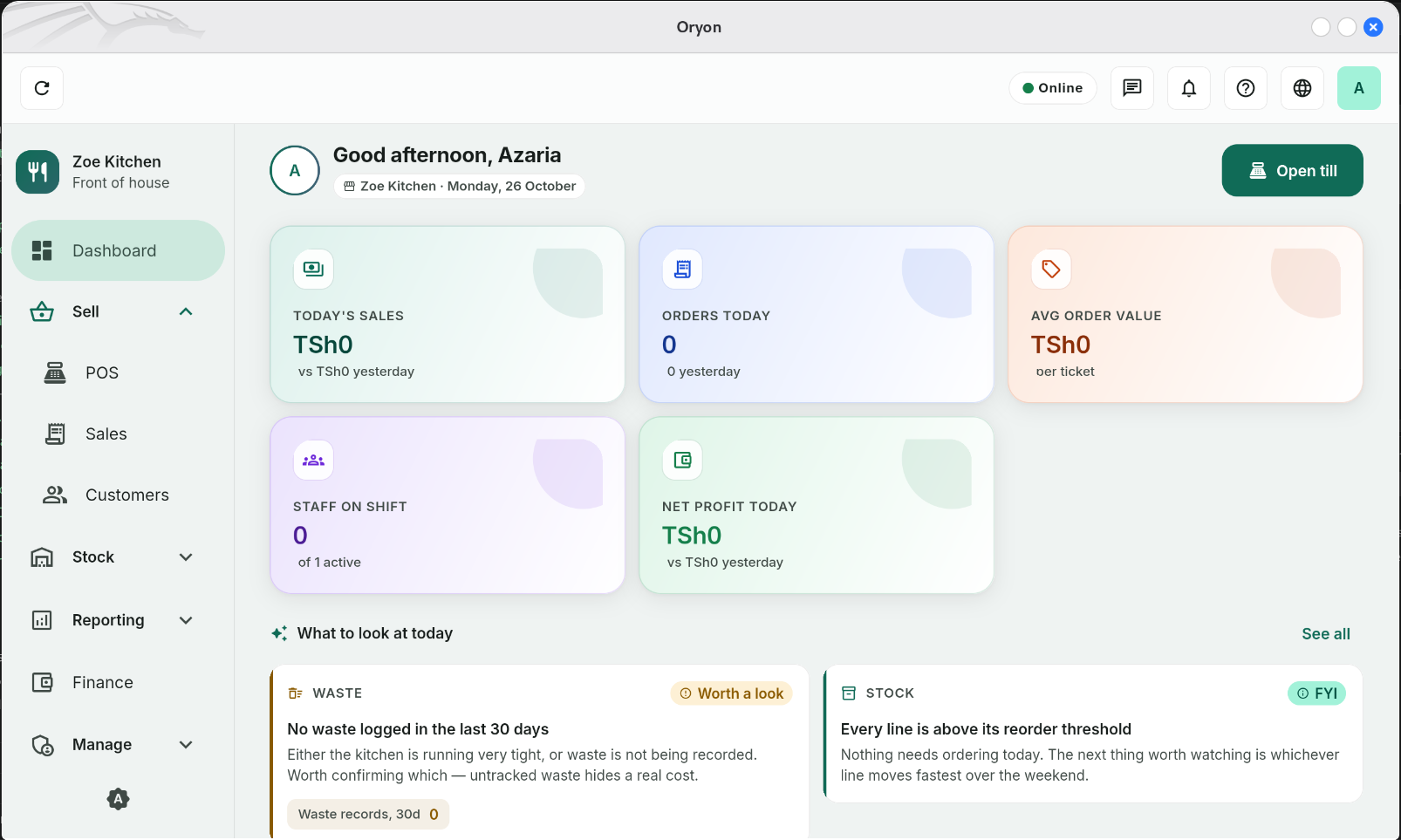 The Oryon desktop dashboard showing sales, orders, staff, stock and finance in one view.